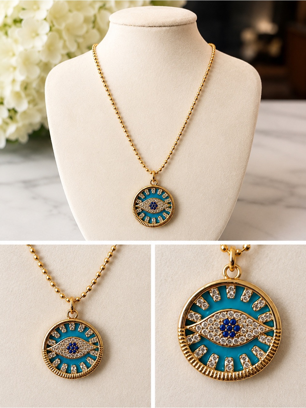 🧿✨ Turquoise Crystal Evil Eye Necklace | 14K Gold Plated | 16” 18” 20” ✨🧿
